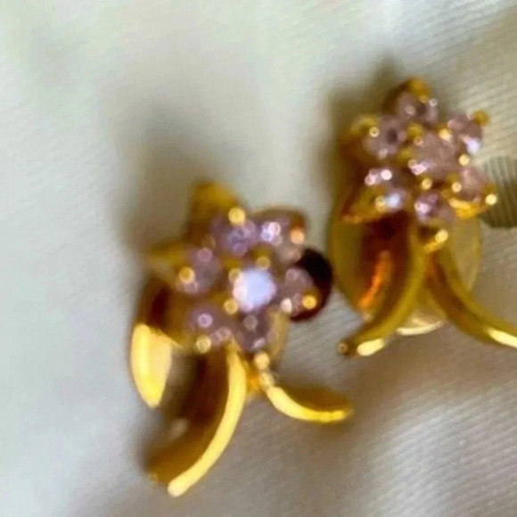 Unique Designer Goldplated Pink Zirconia Gemstone Floral Design Earring Set - Picture 5 of 5